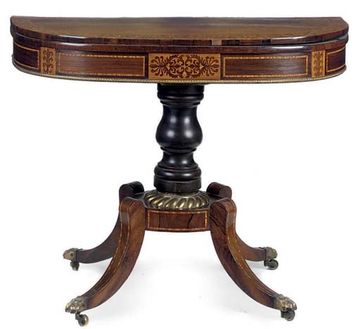 A REGENCY GILT METAL MOUNTED ROSEWOOD, SATINWOOD CROSSBANDED AND MARQUETRY CARD TABLE
