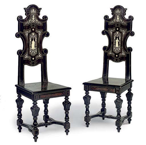 A PAIR OF MILANESE IVORY INLAID EBONY AND EBONISED HALL CHAIRS