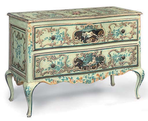 AN ITALIAN PALE BLUE AND GILT HEIGHTENED COMMODE