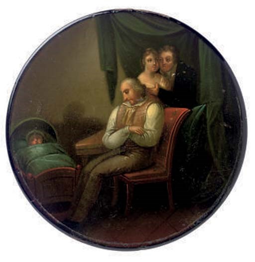 A FRENCH LACQUERED PAPIER MACHE SNUFF BOX