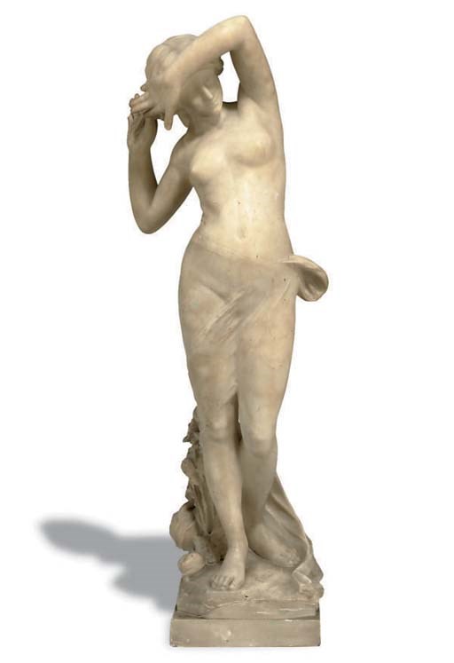 AN ITALIAN SCULPTED ALABASTER SCANTILY DRAPED FEMALE