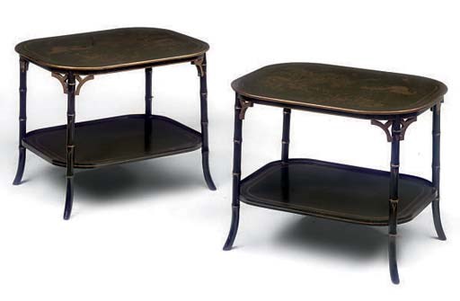 A PAIR OF GREEN PAINTED AND GILT HEIGHTENED OCCASIONAL TABLES