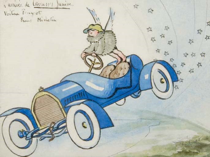 Peugeot; Michelin; une carte pour célébrer une naissance, à l'encre de chine et à l'aquarelle; 17 x 12 cm; inscription en haut à gauche "L'arrivée de Carcasses junior. Voiture Peugeot, pneus Michelin"; encadré et sous verre.