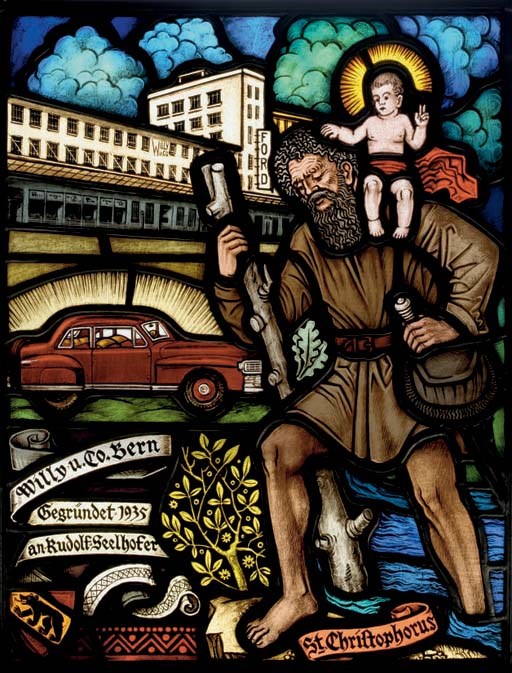 St. Christophe; un étonnant verre peint représentant St Christophe dans une pose classique avec l'Enfant sur l'épaule devant un hall d'exposition Ford et une automobile; 33 x 43 cm; inscription 'Willy u. Co. Bern; Gegrundet 1935; an Rudolf Seelhofer.