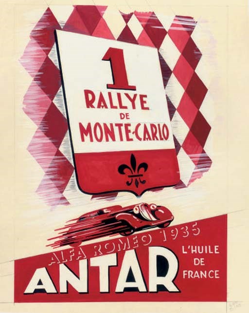 Antar Oil Company; une étude à l'aquarelle originale pour une affiche publicitaire la société française, montrant l'Alfa Romeo gagnante du rallye de Monte Carlo, 1935.