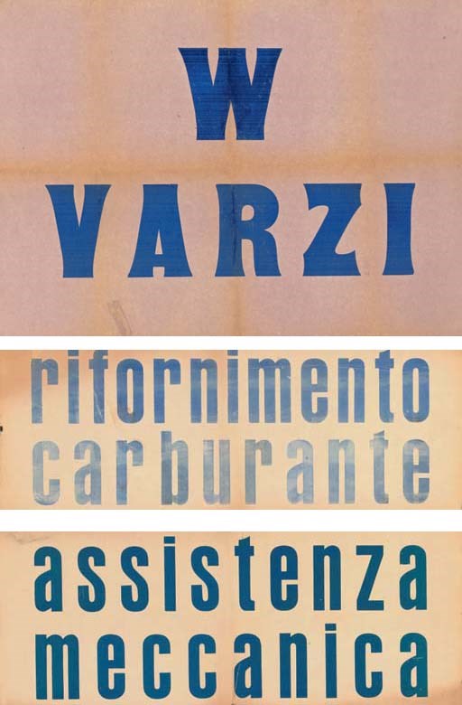 Mille Miglia; trois affiches originales de ravitaillement lors de courses avant la seconde guerre mondiale, d'assistance mécanique et pour Achille Varzi; monté sur papier libre.