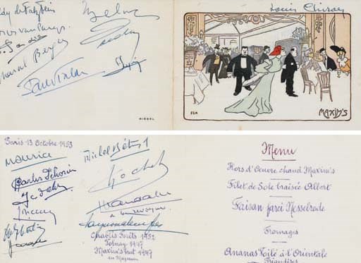 CHIRON - Invitation chez Maxim's; une invitation à dîner dans le célèbre restaurant parisien le 13 octobre 1953 adressée à Louis Chiron, portant une illustration en couleur sur la couverture et le menu à l'intérieur, recouverte sous la couverture de tête et à l'extérieur de la couverture arrière.