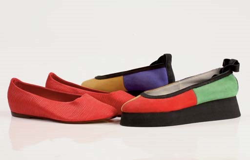 Tomato red finely pleated napa leather flats, 1982; and multi coloured nubuck ballerina platforms, EVA soles, with ankle straps, 1989