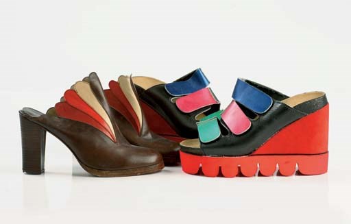 Multicoloured mule clogs, primarily brown with red, rust and cream panels, high heeled, 1976; and orthopaedic soled wedges with multicoloured velcro closures, red platform, 2002