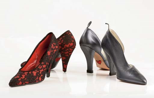 Charcoal kid high heels, 1995; and red high heels, the body with black lace overlay, 1991