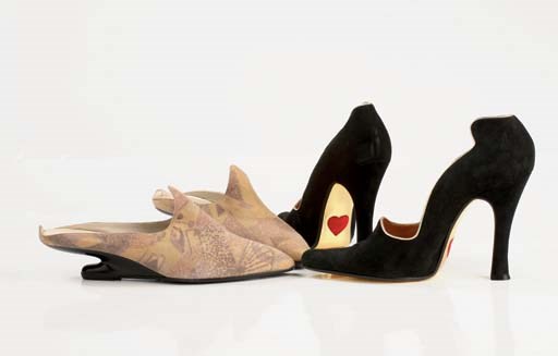 Printed suede mules with low floating wedge, 1989; and black suede Linea Erotica courts, with metallic gold piping, 1991