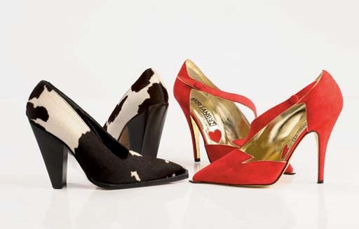 Cowhides with high cowboy heels, 1997; and red suede stilettos with 'fingernail' soles, 1991