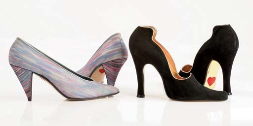 Linea Erotica black suede stilettos with metallic gold piping, 1991; and multicoloured mesh mid-heels with kid lining, the heel cone shapes, 1989