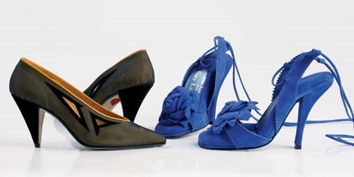 Mustard-yellow kid high heels with black mesh overlay, with cutout detail, 1989; and electric blue suede sandals with sponge inner sole, labelled 'Jan Jansen for Guy LaRoche,' 2000