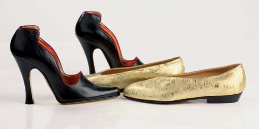 Gold metallic leather flats with asymmetric vamps, 1984; and Linea Erotica black kid stilettos, 1991