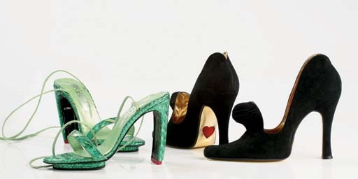 High heeled green metallic scale-effect sandals, with ankle strap and disappearing platform, 2000; and black suede high heels with gathered ball detail to vamp, Linea Erotica, 1991