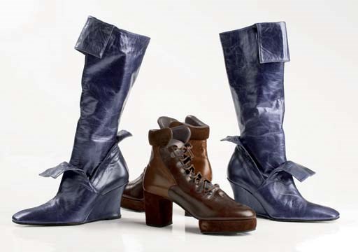 Brown laced ankle boots, with platform sole and thick heel, 1984; and purple glacé kid high boots with wedge sole, 2001
