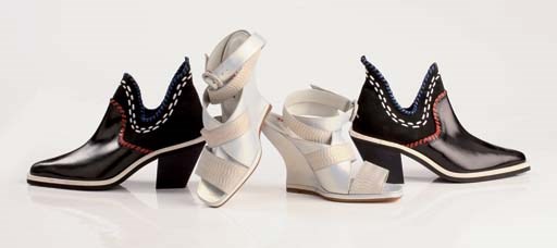 Stamped silver suede and kid high wedge sandals, 1996; and black calf leather ankle boots with red, white and blue blanket stitch trim, black and white sole, 1998