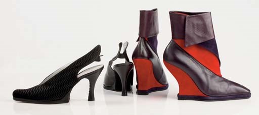 Ankle boots with wrap detail to calf, platform wedge sole, of kid with red and purple suede, 1996; printed kid and suede slingback high heels, 1993