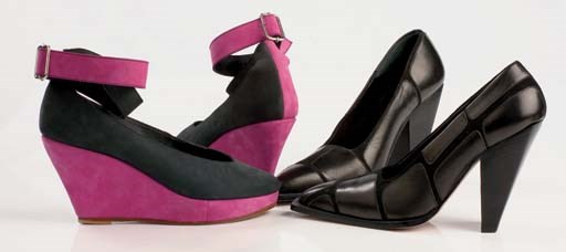 Black nubuck wedges with purple accents and ankle straps, 1983; and black kid and suede shoes, the high heel tapered, 1997