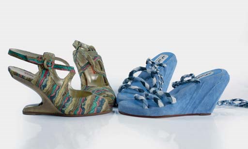 Blue suede wedge sandals, 1982; together with gold floating wedges, 1990