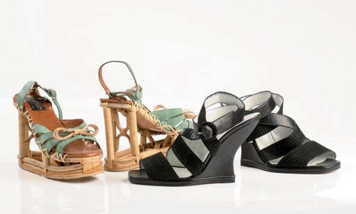 Rattan and natural bamboo platform sandals with sage green nubuck upper, 1973; and textured black suede sandals, with ankle strap detail and high wedge heel, 1996