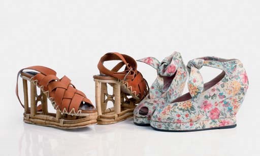 Rattan and natural bamboo openwork platform sandals, the upper of orange nubuck, 1973; and floral printed leather open-toe wedge platforms, with tie at ankle strap, 2000