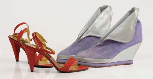 Lavender suede wedge platforms with silver metallic detail, 1977; and red suede sandals, with gold metallic piping and lighting bolt strap, 1977