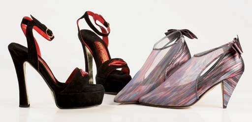 Black suede 14cm stillettos with metallic red 'lips' trim, Linea Erotica, 1991; and multicolour mesh and leather high cut heels, with bow to ankle strap, 1989