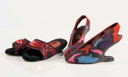 Linea Erotica slippers with metallic red lip detail, lace overlay, 1991; and mesh floating wedges with nubuck applique, 1989
