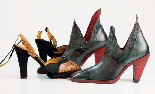 Printed kid shoe-boots with blanket stitch trim, 2004; and black and yellow snake-and-suede rounded platforms, with ankle straps, 1984