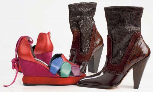Multicolour leather suede wedge platforms, 1998; and brown halfboots, high cowboy heel, stretch leg, 1997
