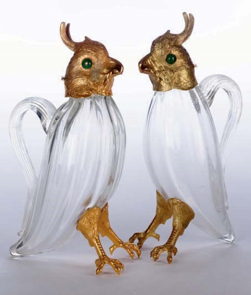 THREE PARROT-FORM GLASS DECANTERS,