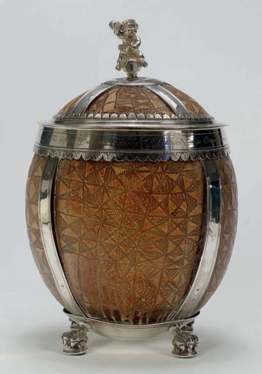 A LARGE GEORGE I SILVER-MOUNTED PALM SHELL CUP AND COVER,