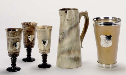 A GROUP OF VICTORIAN SILVER AND SILVER-PLATED HORN CUPS,