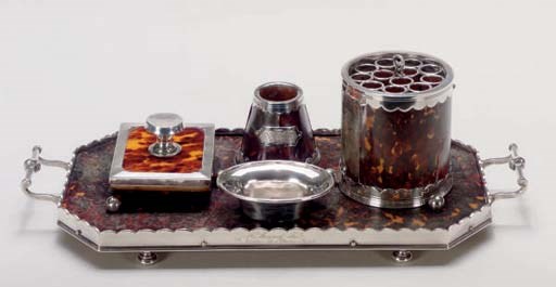 A CONTINENTAL SILVER AND TORTOISESHELL INKSTAND**,