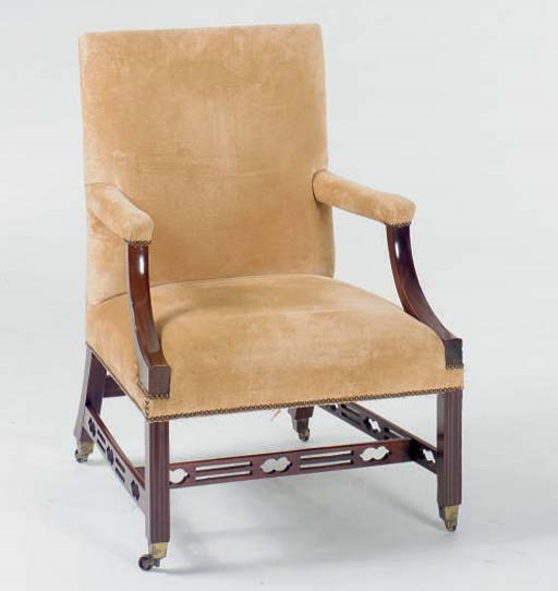 AN ENGLISH MAHOGANY LIBRARY CHAIR,
