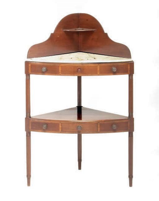 A VICTORIAN MAHOGANY MARBLE TOP CORNER WASHSTAND,