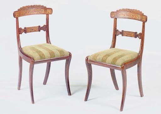 A SET OF SIX REGENCY GRAIN-PAINTED AND INLAID DINING CHAIRS,