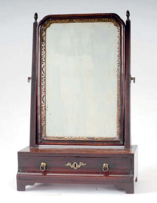 A GEORGE II MAHOGANY AND PARCEL-GILT DRESSING MIRROR,
