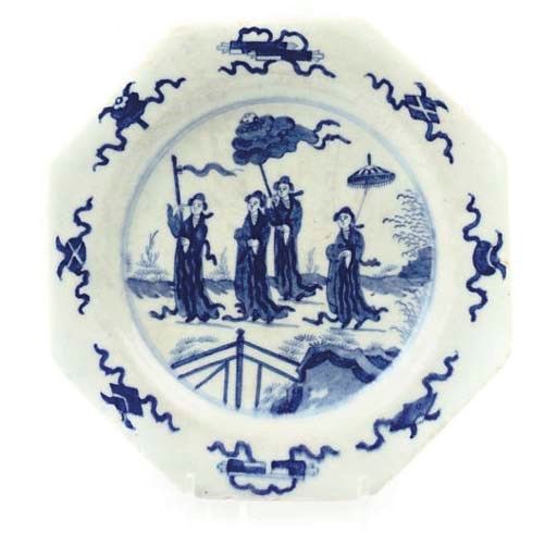 A BOW BLUE AND WHITE OCTAGONAL SMALL PLATE