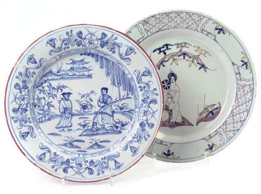 TWO ENGLISH DELFT CHINOISERIE PLATES