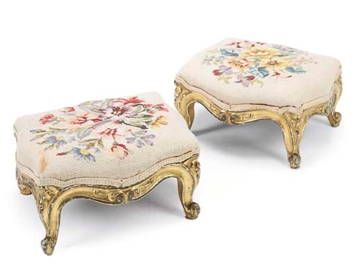 A PAIR OF GILTWOOD FOOTSTOOLS