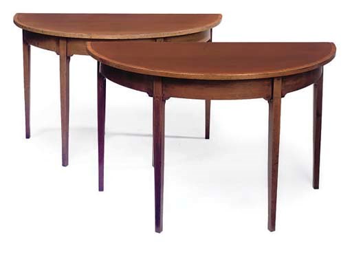 A PAIR OF GEORGE III MAHOGANY AND SATINWOOD CROSSBANDED DEMI-LUNE SIDE TABLES