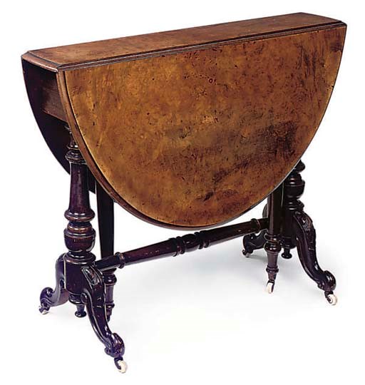 A VICTORIAN BURR WALNUT AND WALNUT SUTHERLAND TABLE