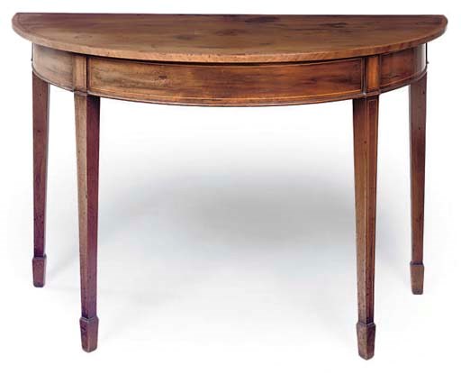 A GEORGE III MAHOGANY SATINWOOD CROSS-BANDED AND LINE INLAID DEMI-LUNE TABLE