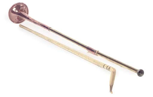 A VICTORIAN MARINE IVORY AND HORN MOUNTED WHALEBONE WALKING STICK
