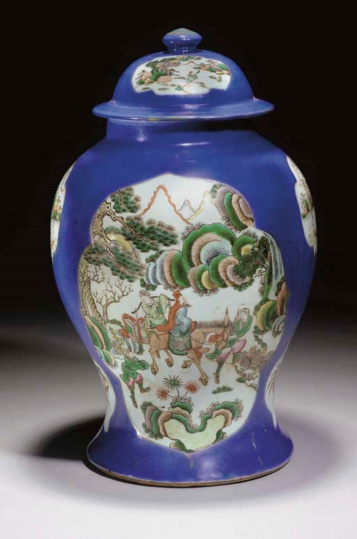 A Chinese famille verte powder blue ground jar and cover, 19th Century