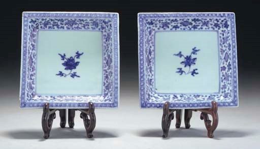 A matched pair of Chinese blue and white square dishes, probably 17th century