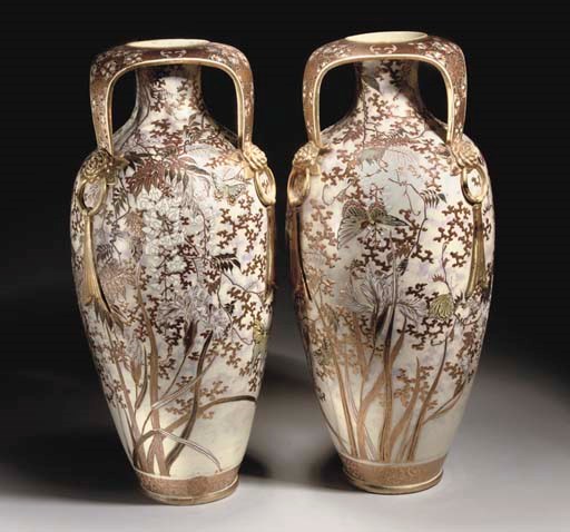 A pair of Japanese satsuma art nouveau style vases, Meiji Period